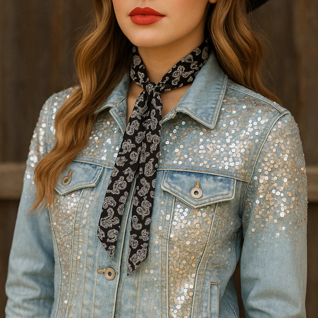 Black and White Paisley Western Skinny Mini Wild Rag Scarf / Cowgirl Necktie