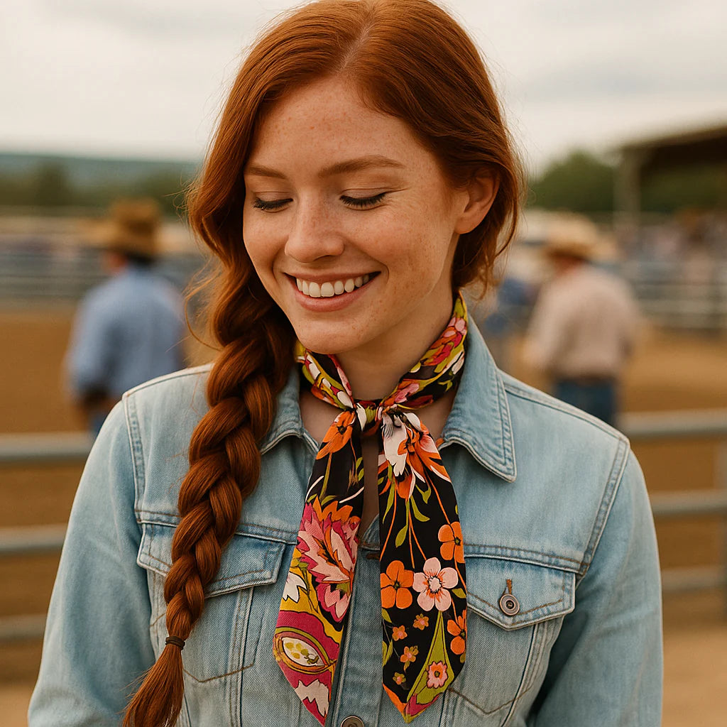 Yellow and Black Cheetah and Floral Western Skinny Mini Wild Rag Scarf / Cowgirl Necktie