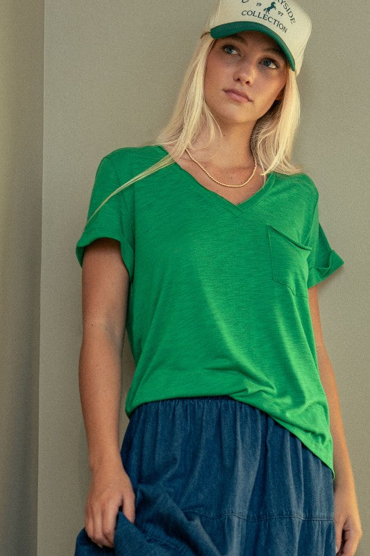 Relaxed V-neck Short Sleeve Slub Top