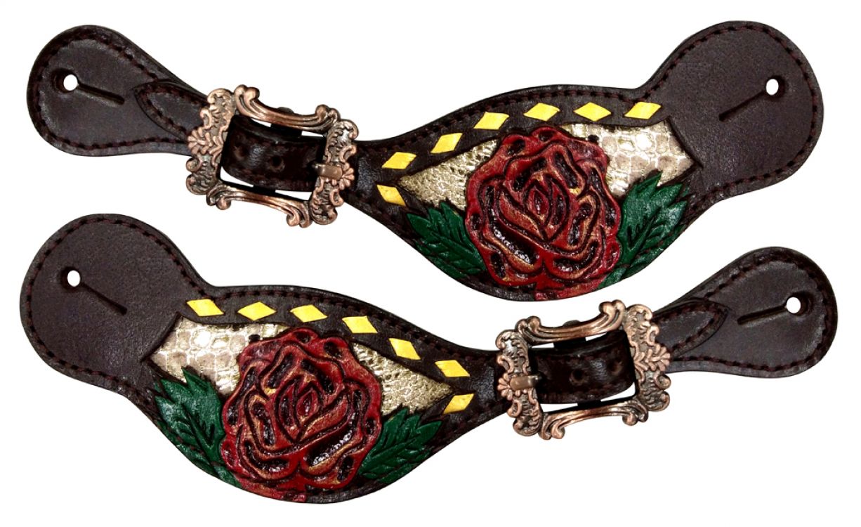GOLD SNAKE W/ RED PAINTED FLOWER SPUR STRAP