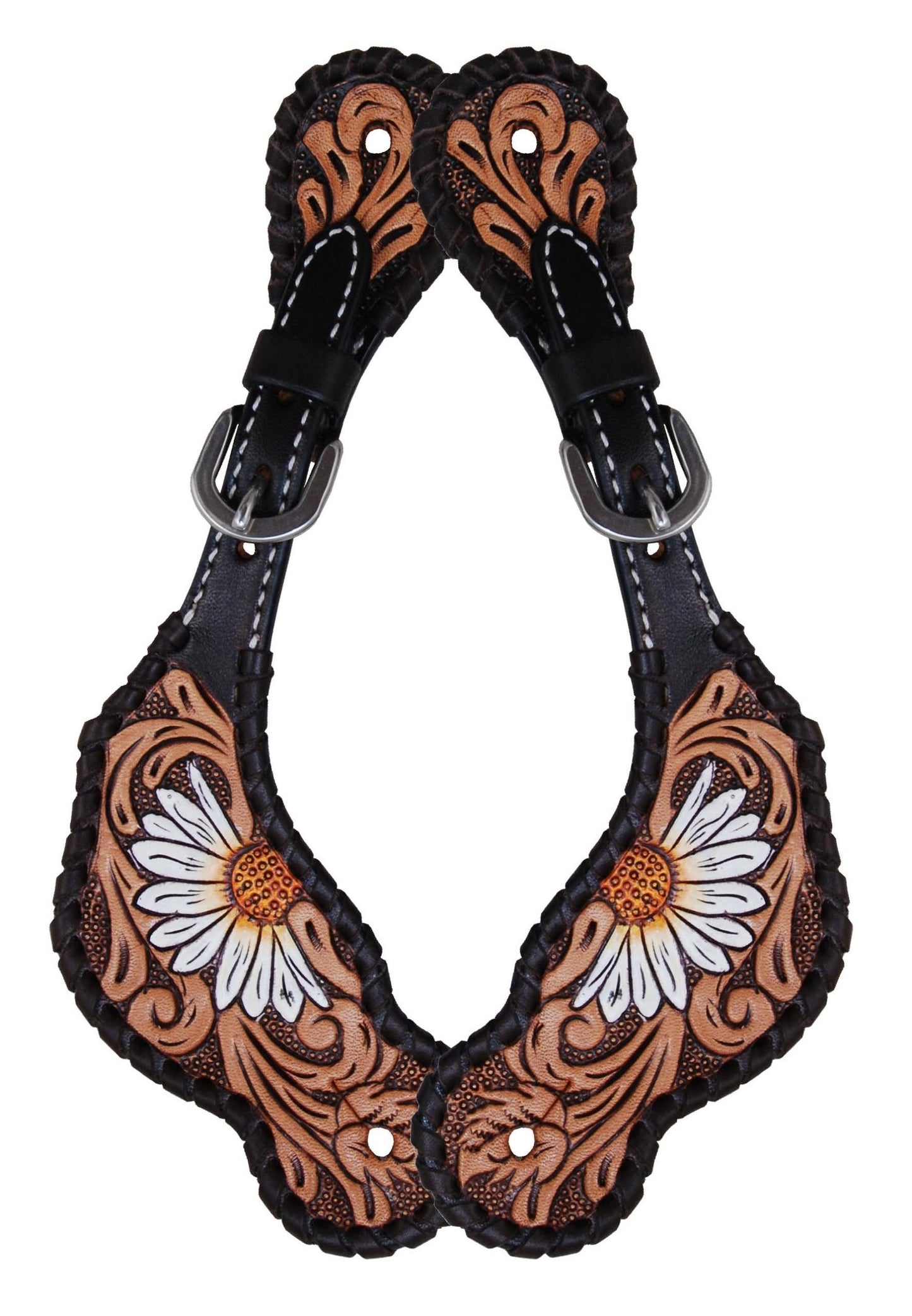 Ladies SS Painted Daisy Flower & Brown Whipstitch