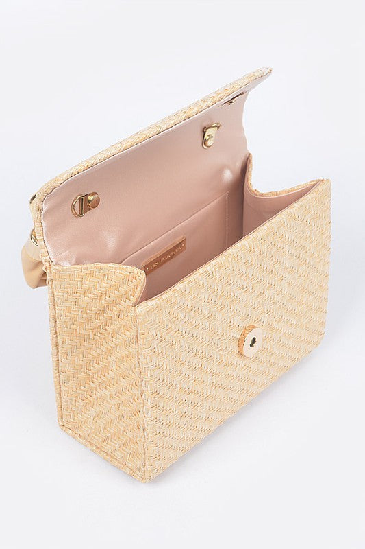 Faux Straw Top Handle Flap Bag