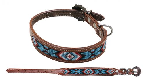 Black, Lt Blue, Red Beaded Dog Collar
