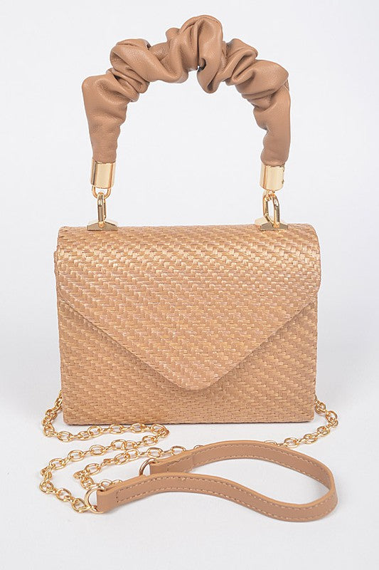 Faux Straw Top Handle Flap Bag