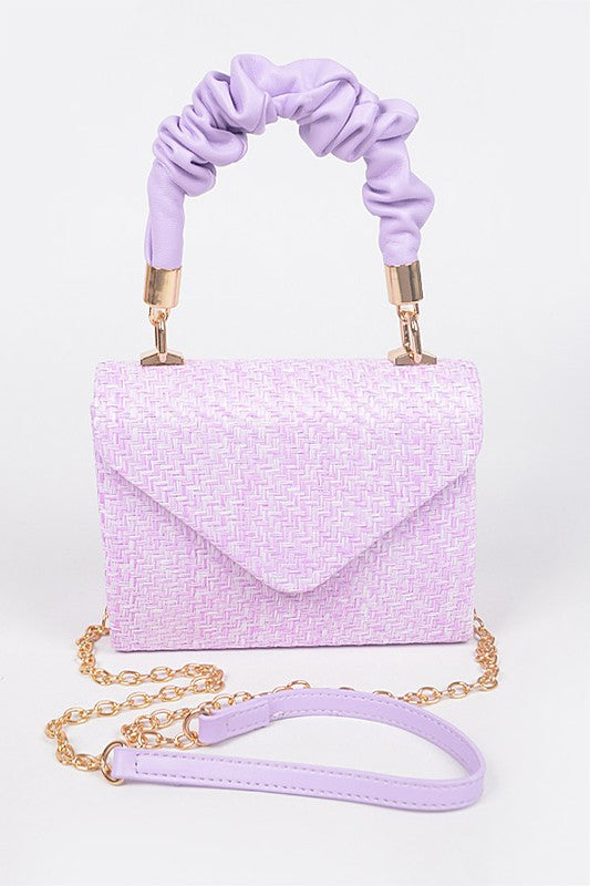 Faux Straw Top Handle Flap Bag