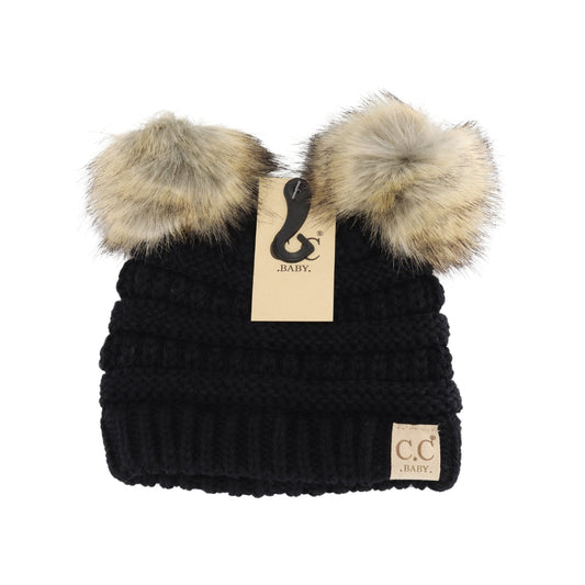 Baby Fur Double Pom Beanie - Black