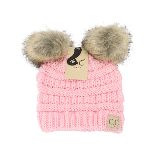 BABY FUR DOUBLE POM BEANIE - PALE PINK