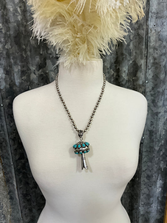 SILVER AND TURQUOISE LONG SQUASH NECKLACE