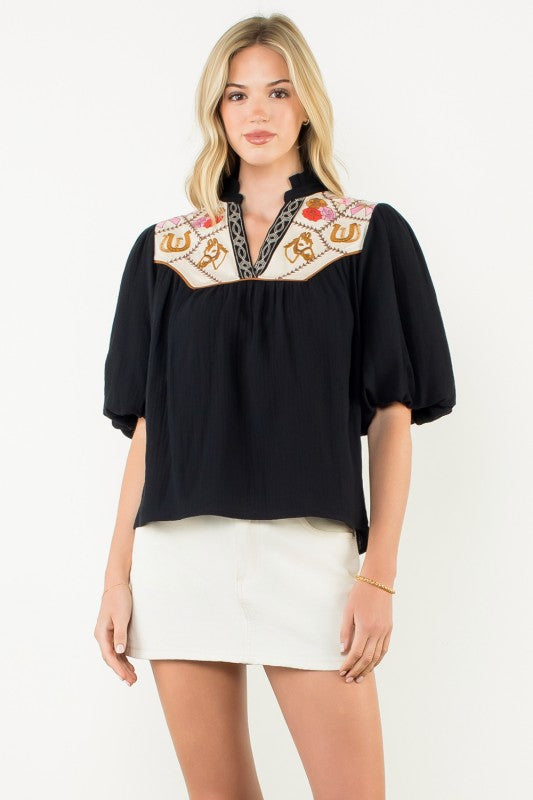 Puff Sleeve Embroidery Detailed Neckline Top