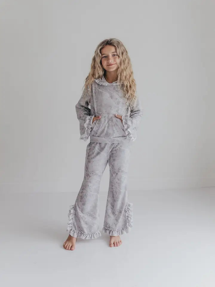 Kids Light Gray Camo Hooded Ruffle Pocket Lounge Set