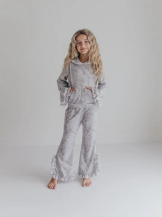 Kids Light Gray Camo Hooded Ruffle Pocket Lounge Set