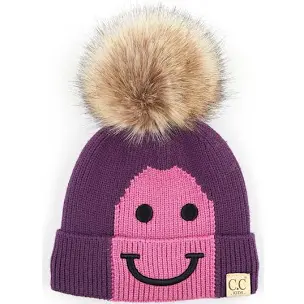 KIDS SMILING LINED FUR POM BEANIE