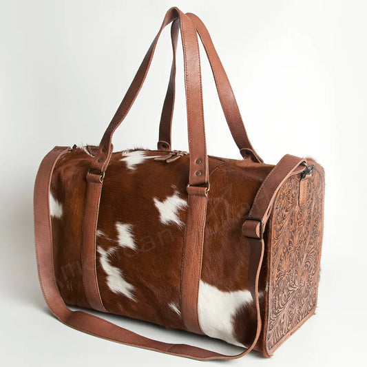 Cowhide and Tooled Leather Duffle Bag