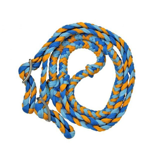 Showman Braided Nylon Barrel Reins with Easy Grip Knots - Yellow, Navy, and Light Blue