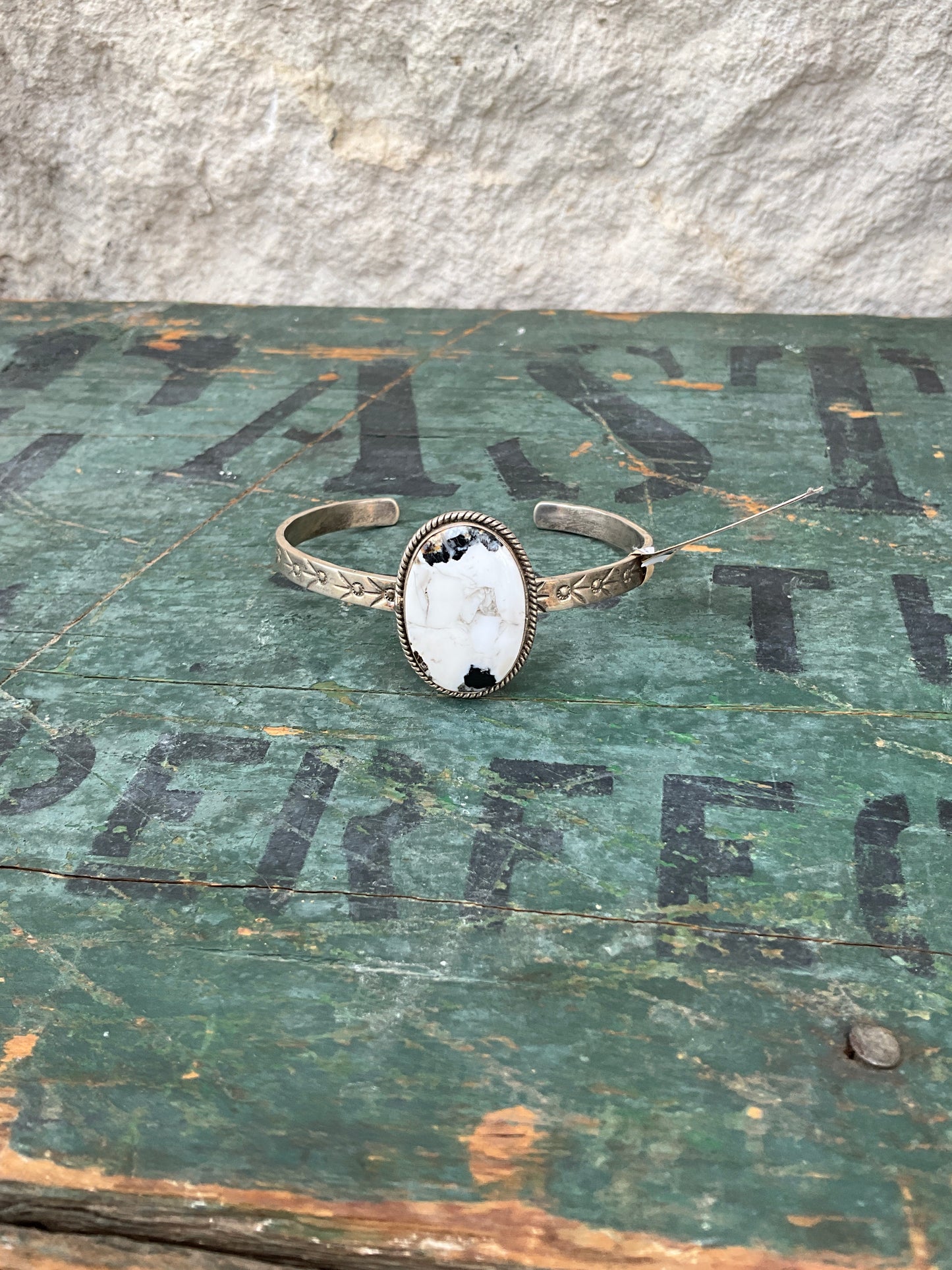 Sterling Silver White Buffalo Turquoise Cuff Bracelet with Signed Nizhoni