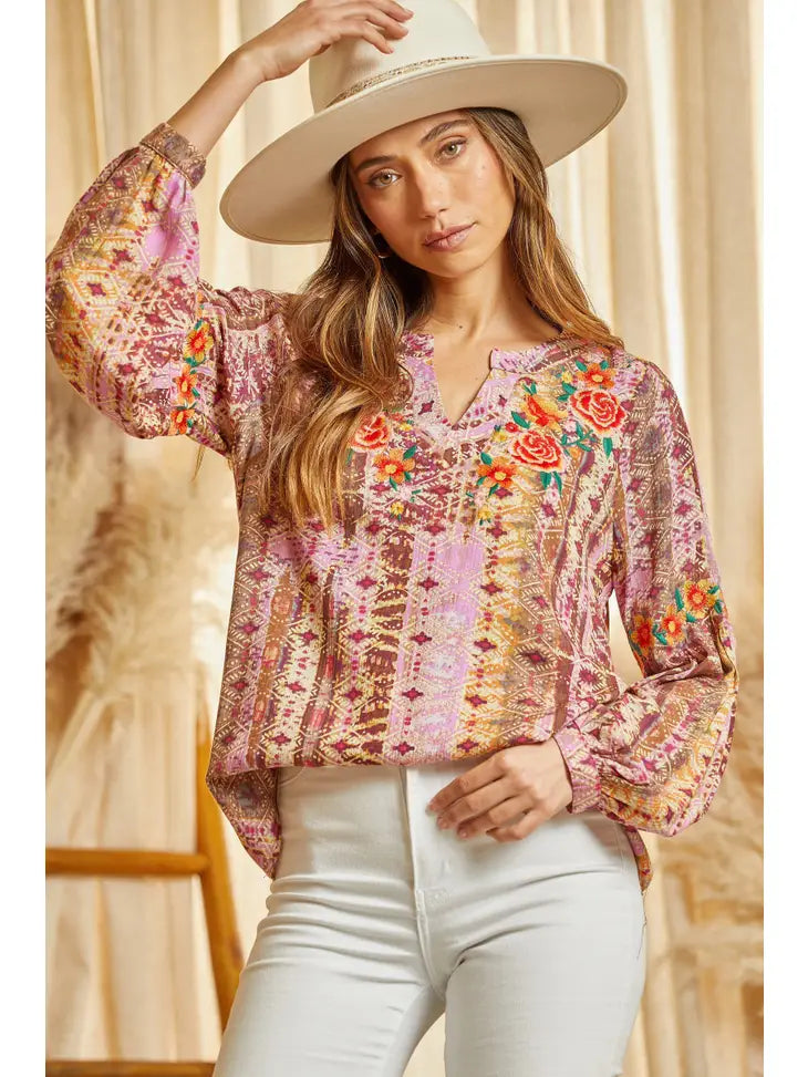 Embroidered Print Top