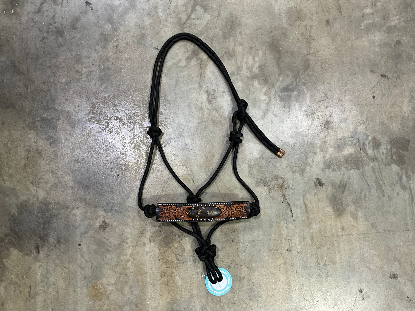 Rope Halter with Floral Carving, Tan Printed Arrows Inlay, SS Spots & TT Finish