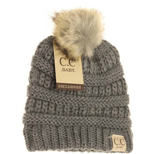 Baby Fur Pom Beanie - Light Grey
