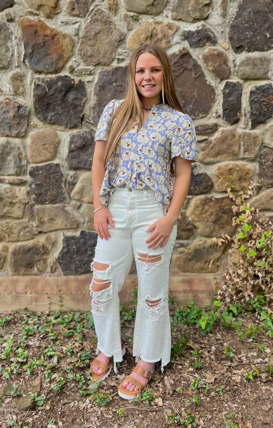 V-neck Pleated Floral Print Top