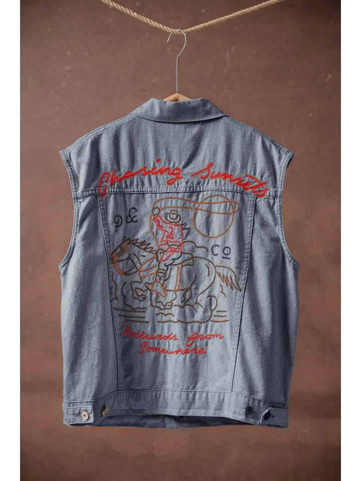 Western Sunset Embroidered Denim Vest