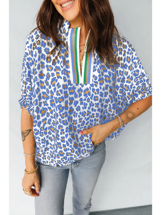 Wild Leopard Color Block Half Sleeve Blouse