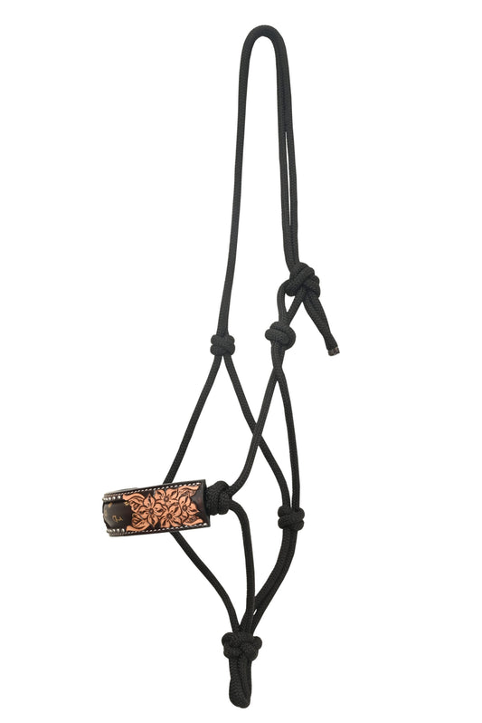 Rope Halter with Floral Carving, Tan Printed Arrows Inlay, SS Spots & TT Finish