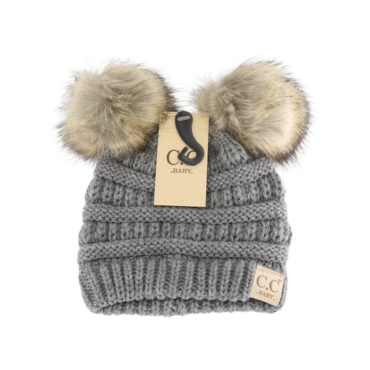 BABY FUR DOUBLE POM BEANIE - LIGHT GREY