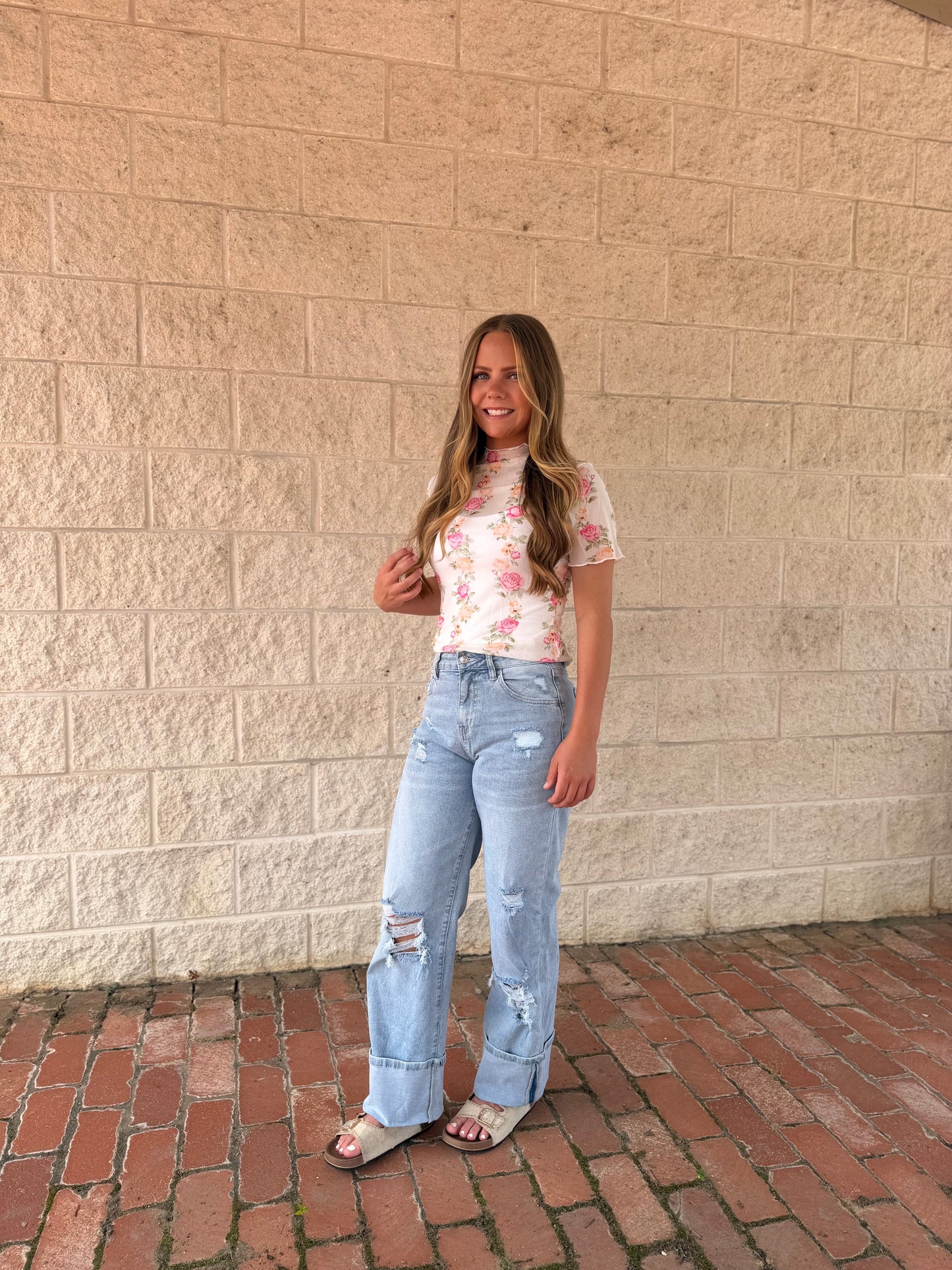Floral Print Mock Neck Short Sleeve Mesh Top