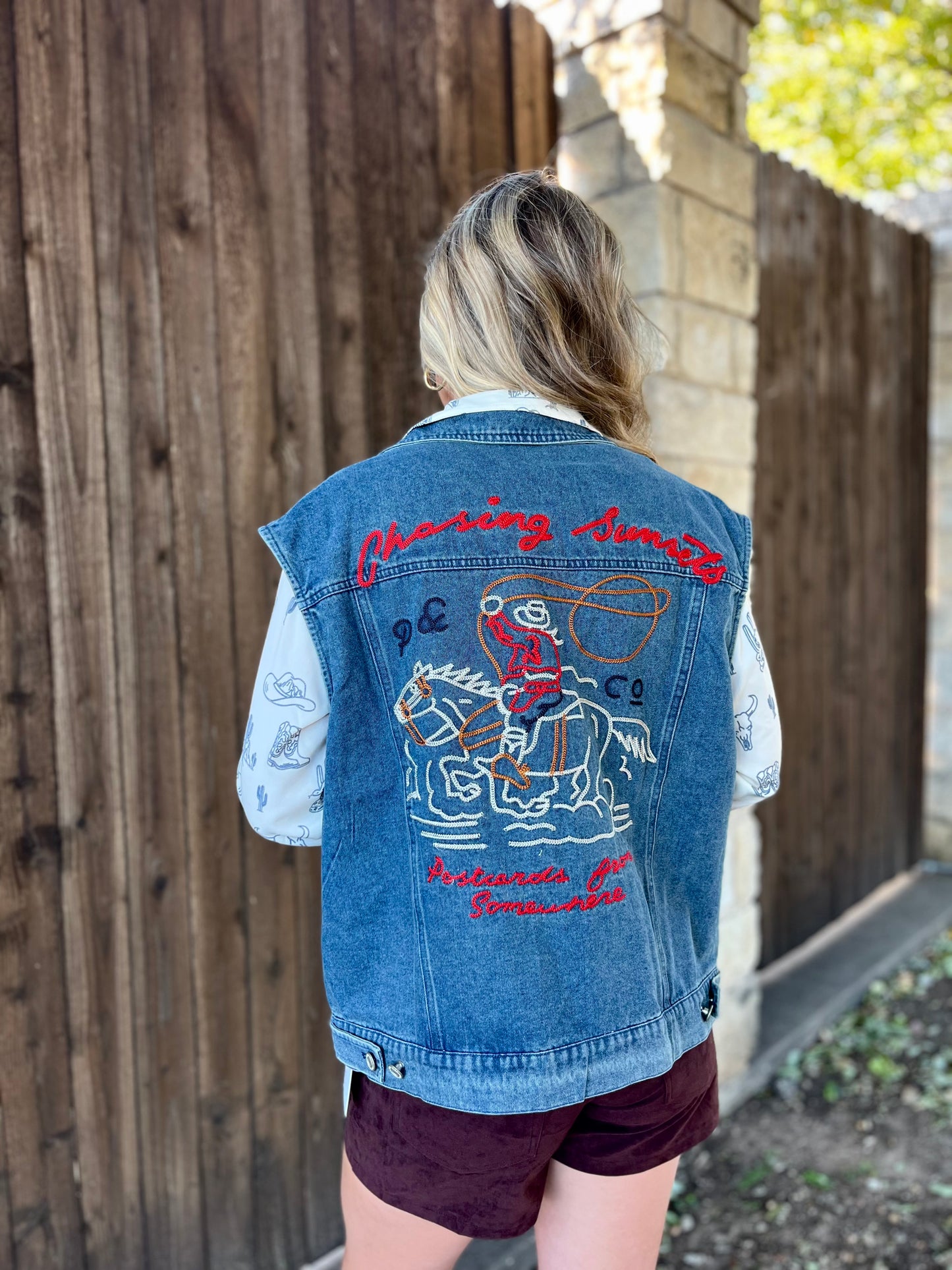 Western Sunset Embroidered Denim Vest