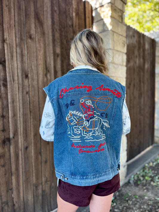 Western Sunset Embroidered Denim Vest