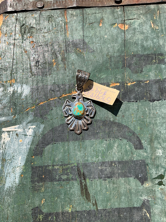Handmade Sterling Silver & Number 8 Turquoise Thunderbird Pendant Signed Nizhoni