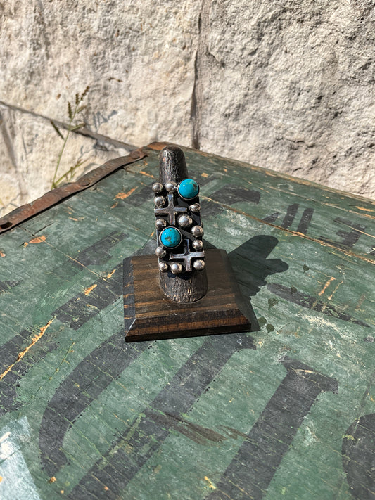 Navajo Turquoise & Sterling Silver Cross Ring Chimney Butte sz7