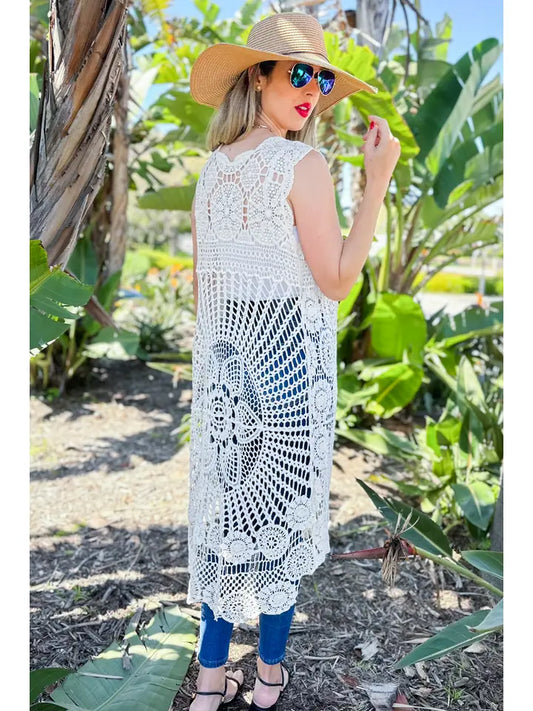 Ivory Floral Printed Maxi Crochet Vest Kimono