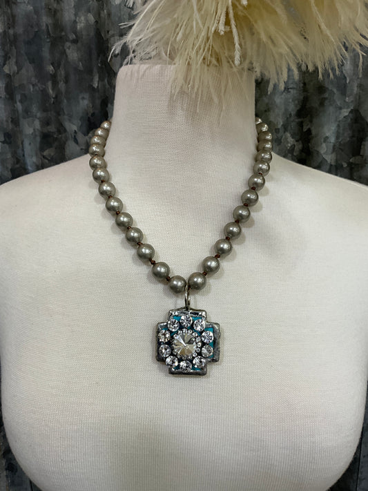 LARGE BEADED NECKLACE W/ TURQ/CRYSTAL CROSS