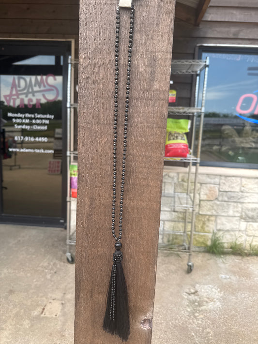 Long Black Beaded Tassel Necklace