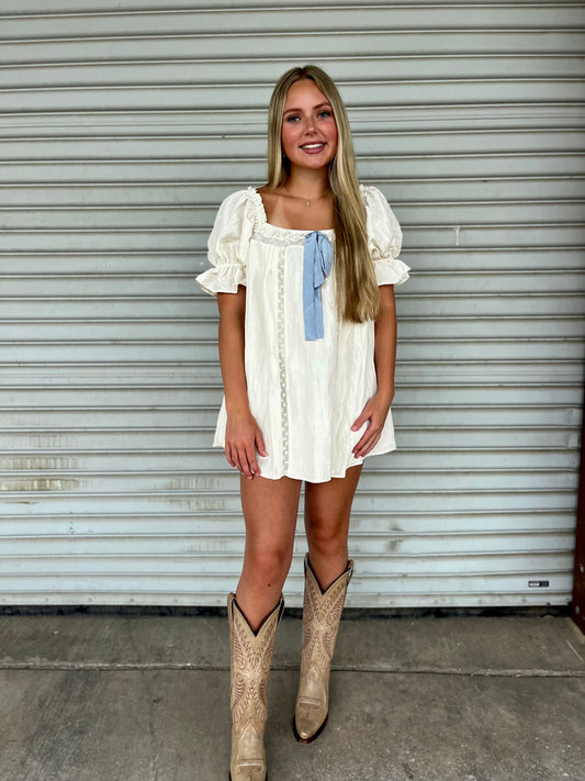 Cottage Core Puff Sleeve Lace Bow Mumu Mini DRESS