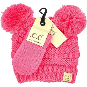 Baby Solid Knit Double Pom CC Beanie With Mitten SET