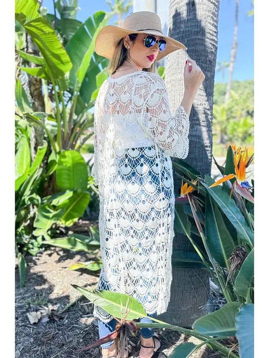 Ivory Maxi Crochet Kimono Cardigan Cover Up
