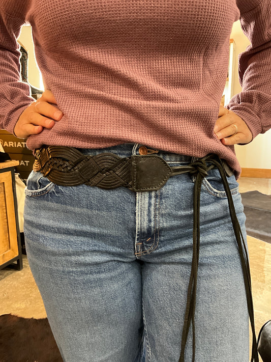 Black Leather Tie Front Belt