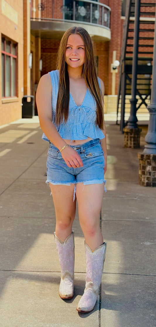 V-Neck Bow Detail Sleeveless Gingham Top