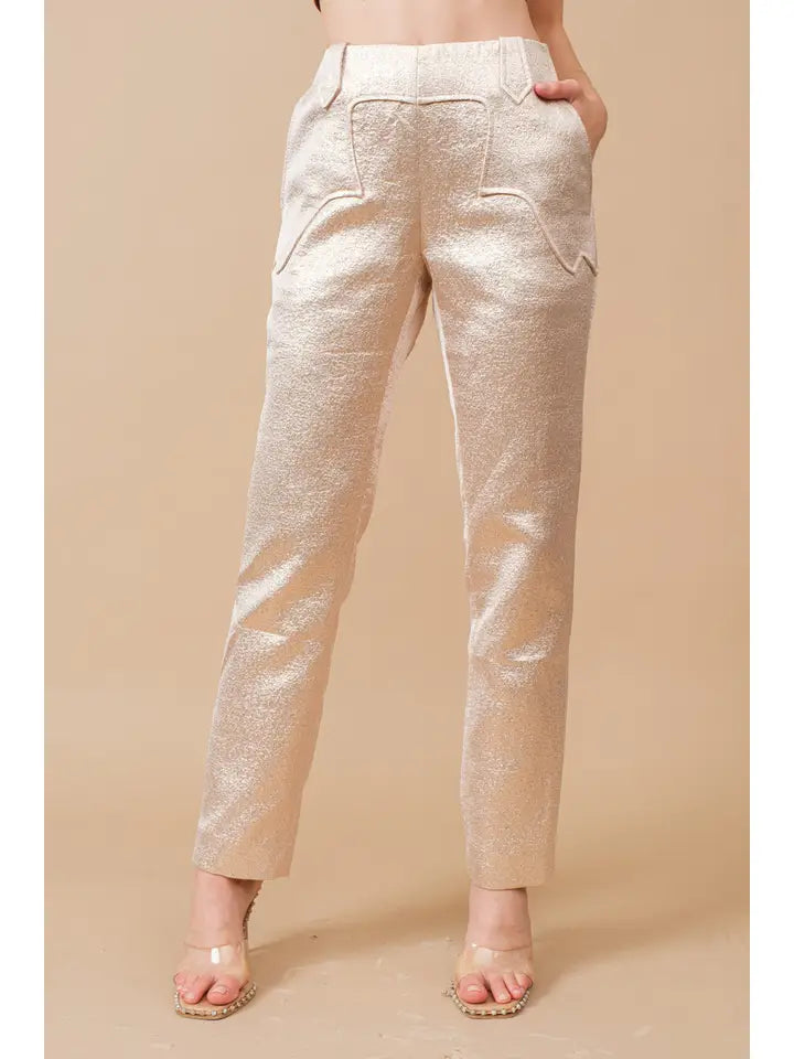 Metallic Straight-Leg Ankle Sable Western Pants