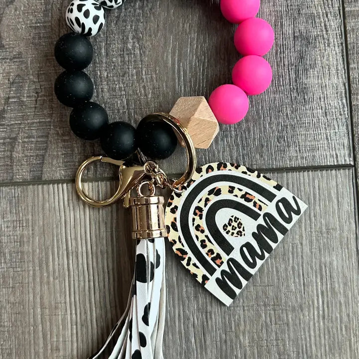 Mama Leopard Rainbow Silicone Beaded Keychain Wristlet