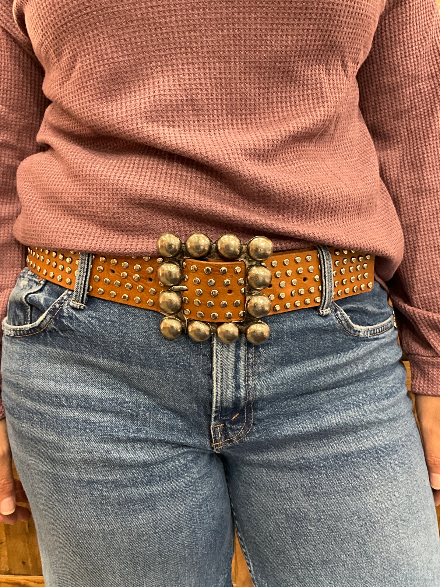 Tan Stud Leather Belt W/ Studded Buckle