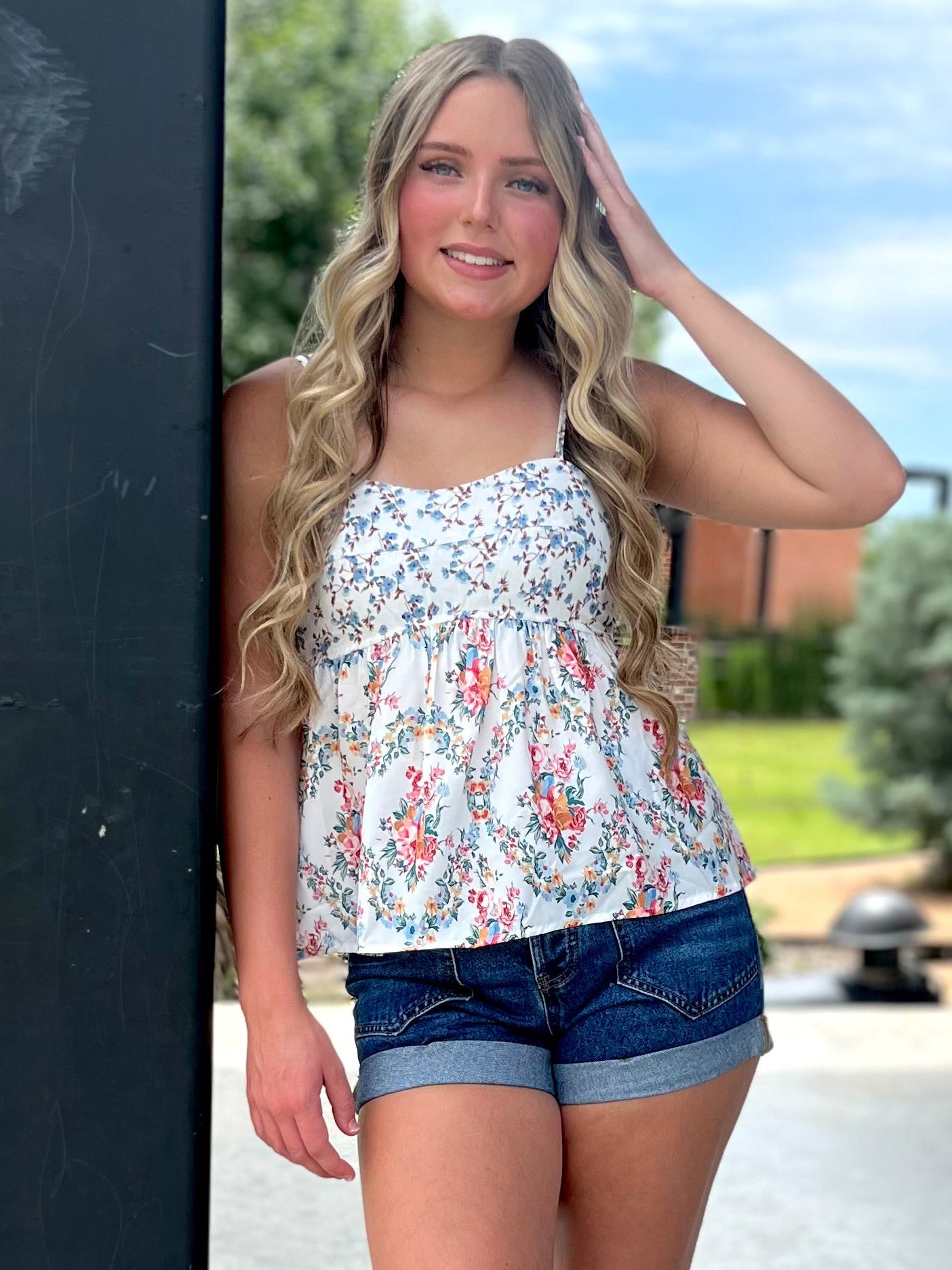 Floral Print Patchwork Babydoll Top