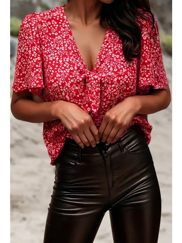Boho Floral Printed Knotted V Neck Blouse