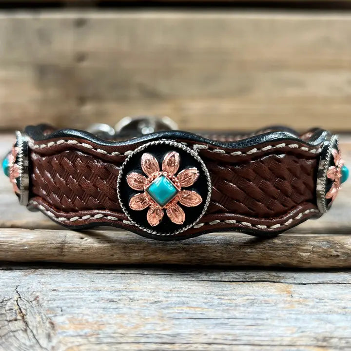Leather Dog Collar with Copper Turquoise Sunflower Concho