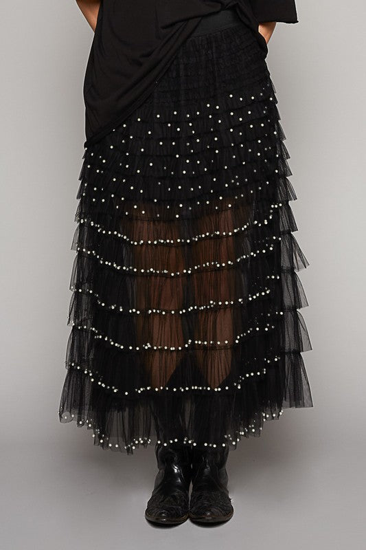 Pearl detailed sheer mesh long skirt