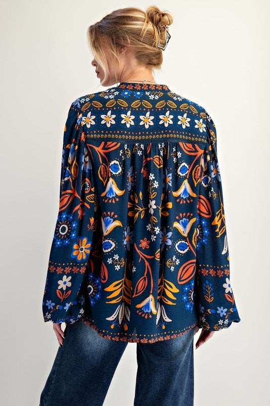 Printed Rayon Gauze Woven Top Indigo Blue