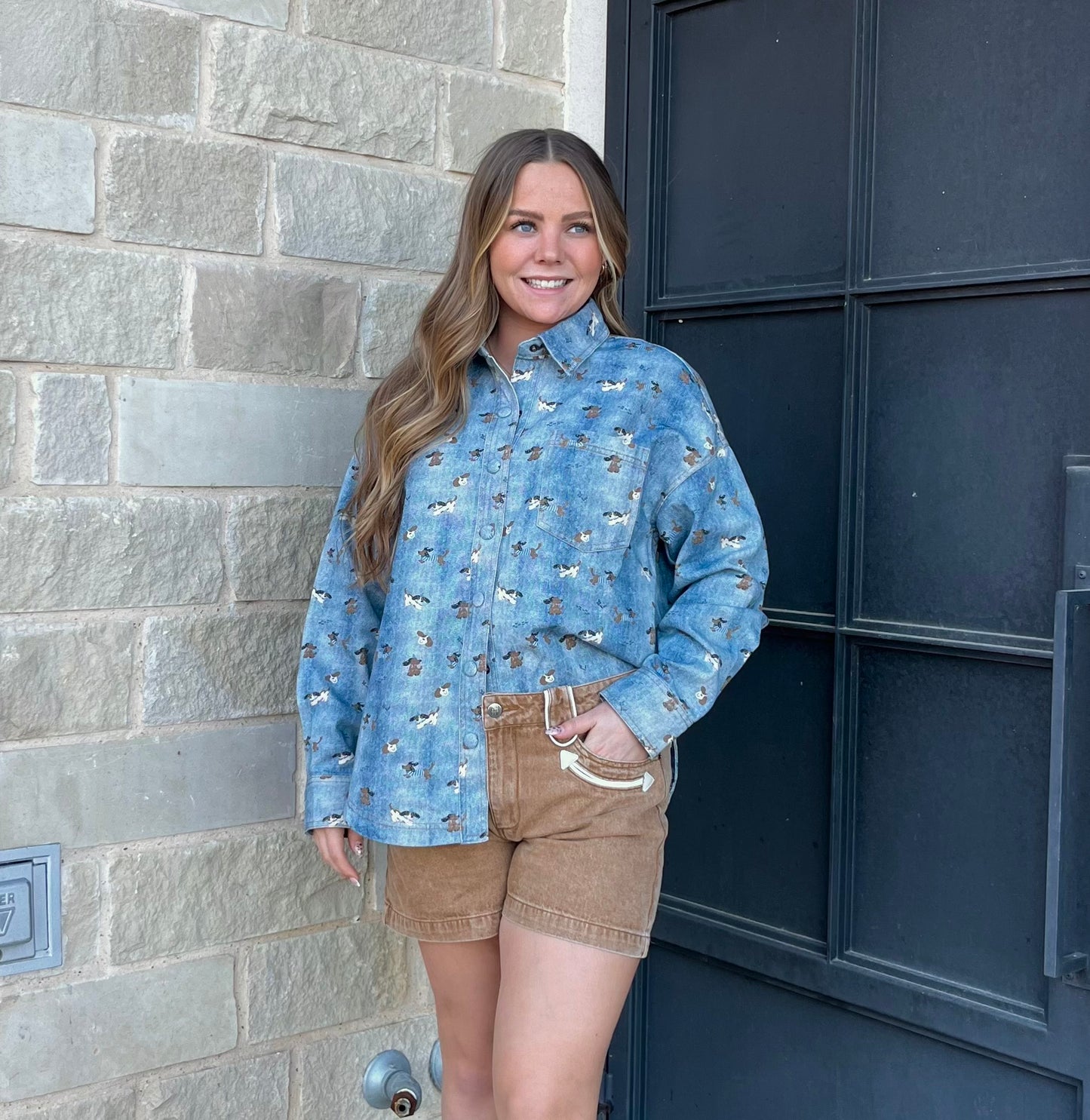 Oversized Boxy Fit Dog Print Denim Shacket