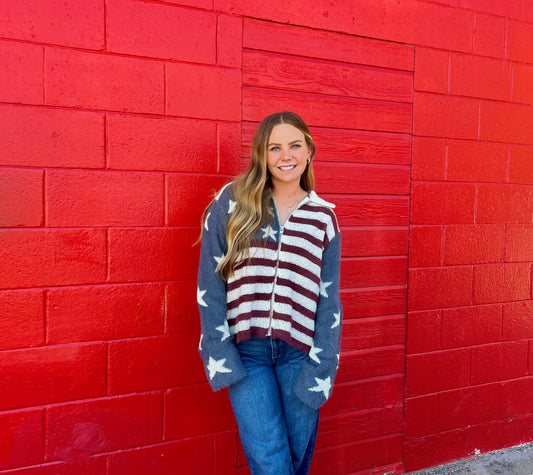 Collar Neck Long Sleeve American Flag Mohair Sweater Jacket